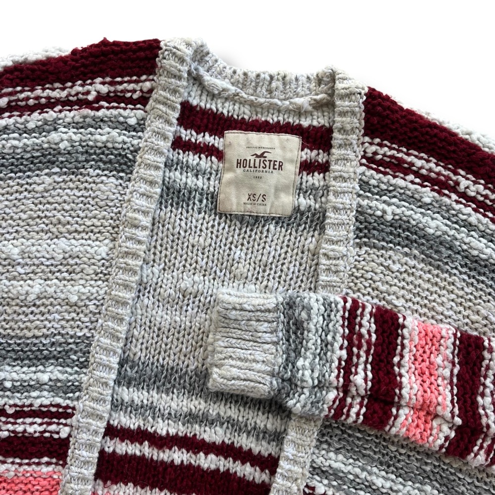Hollister XS/S Maroon Cream Coral Striped Slub Knit Open Front Longline Cardigan